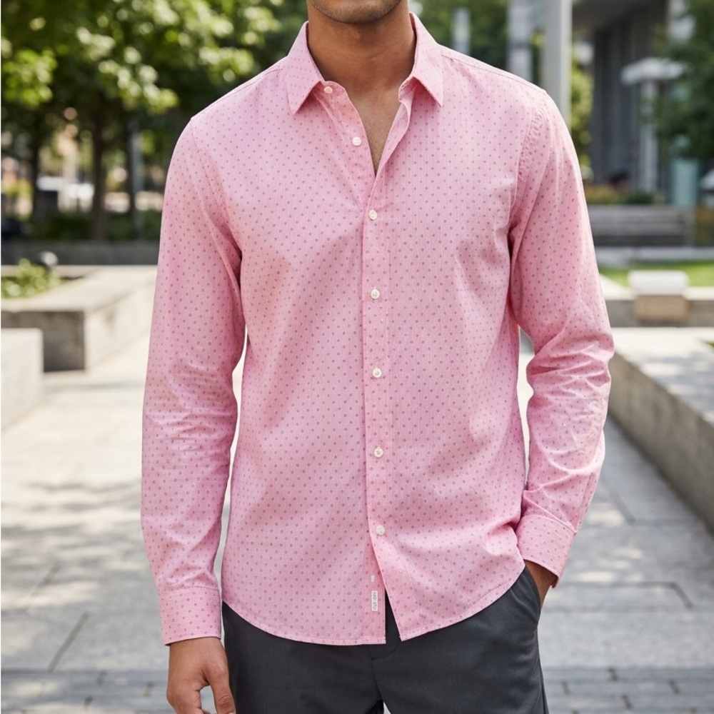 Express Extra Slim Fit Pink Micro Print Button Down Shirt XL 17-17.5 Cotton